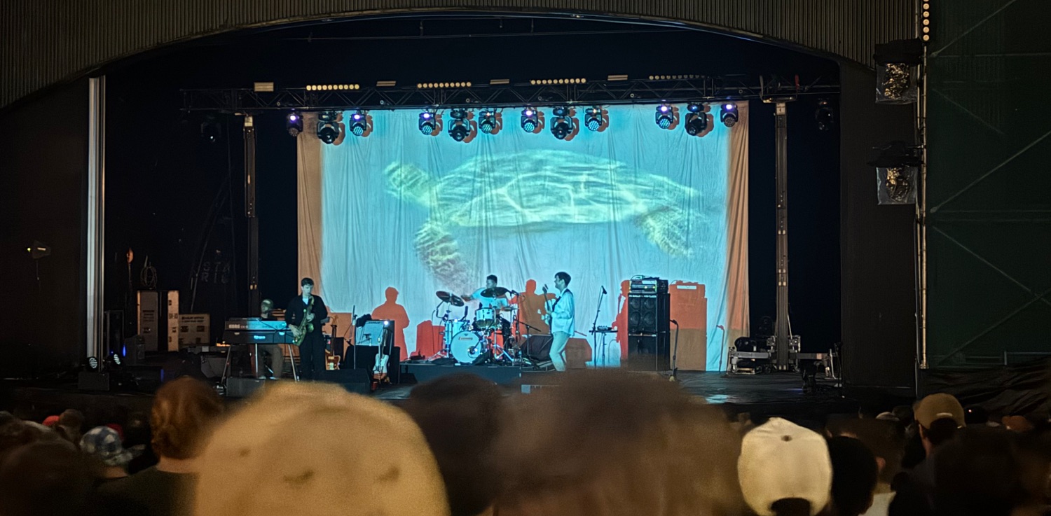 A band playing on an outdoor stage, a video of a turtle swimming is superimposed on a backdrop behind the band
