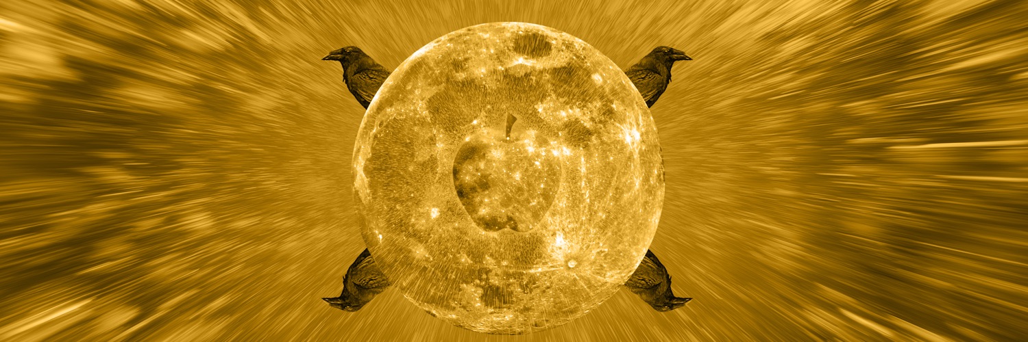 A golden apple superimposed on a moon with four ravens surrounding