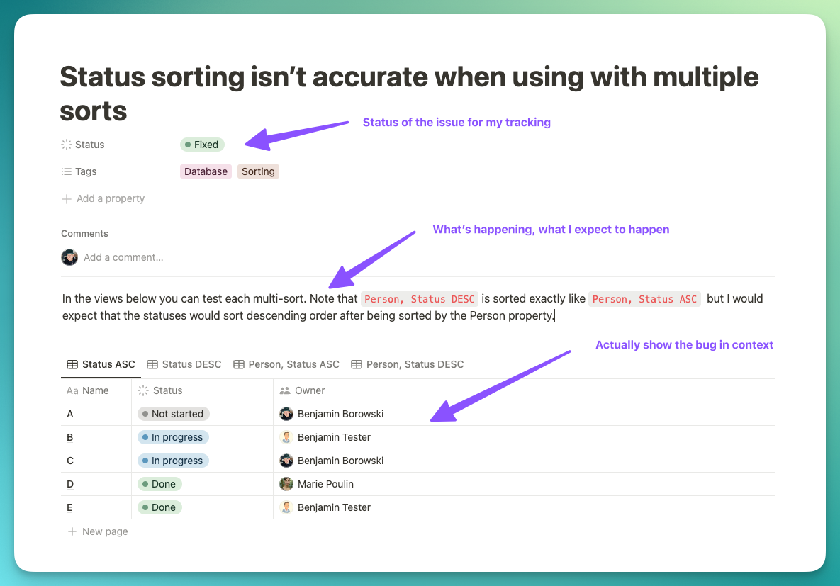 A Notion Page showing a bug repro