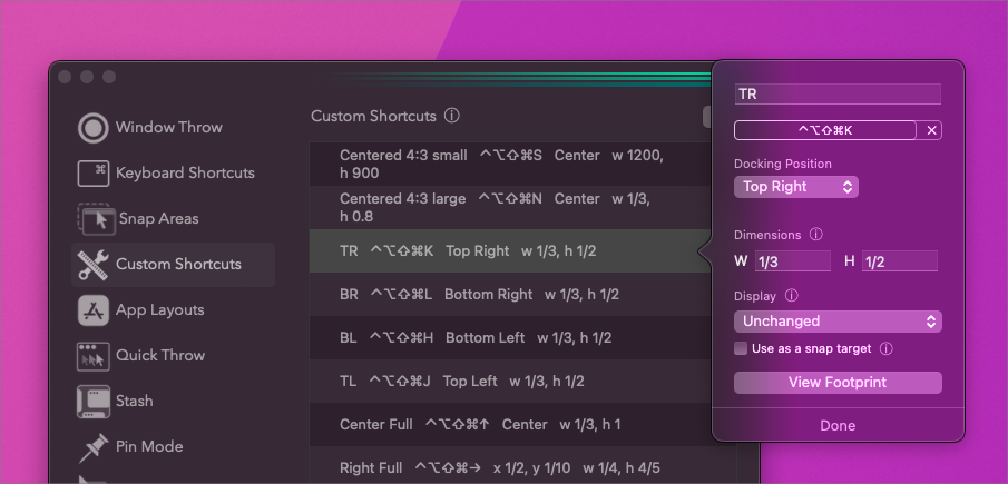 Rectangle’s Custom Shortcuts configuration screen
