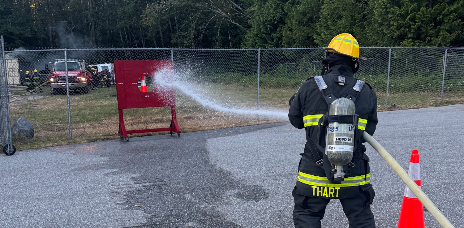Firefighter spraying water at a target